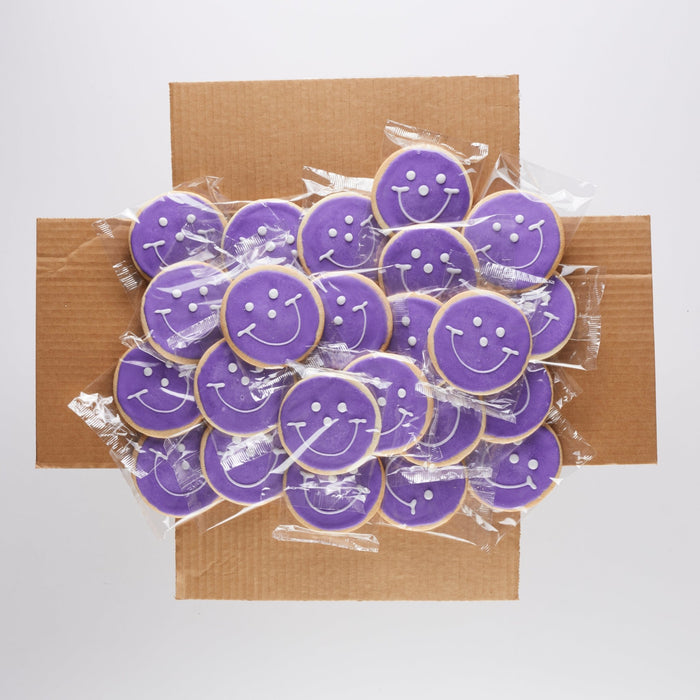 2.5" Mini Purple Smiley Cookies - SmileyCookie.com individually wrapped, nut - free, and kosher cookies delivered to you!