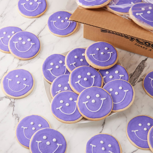 2.5" Mini Purple Smiley Cookies - SmileyCookie.com individually wrapped, nut - free, and kosher cookies delivered to you!