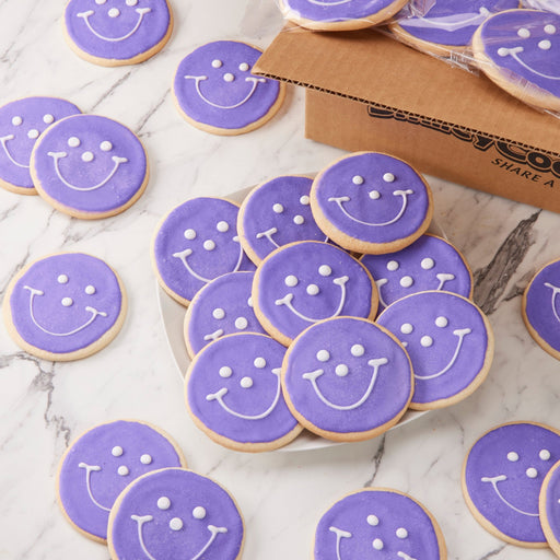 2.5" Mini Purple Smiley Cookies - SmileyCookie.com individually wrapped, nut - free, and kosher cookies delivered to you!