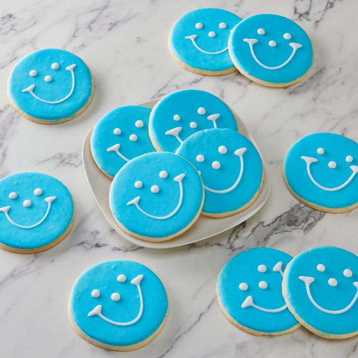 4" Blue Smiley Cookies - SmileyCookie.com individually wrapped, nut - free, and kosher cookies delivered to you!