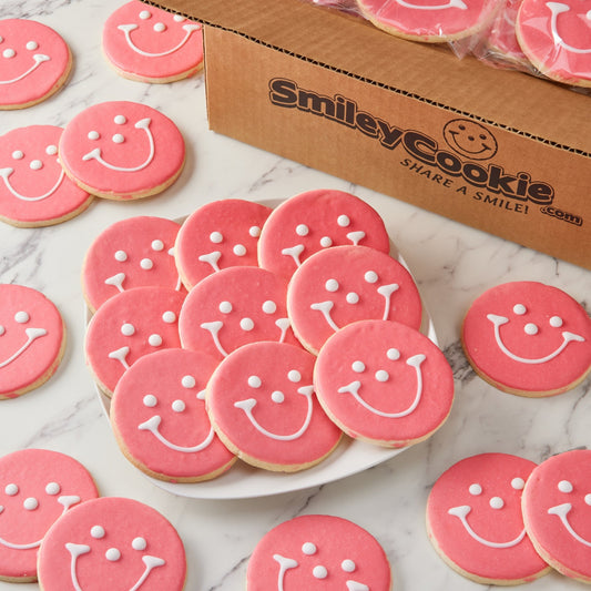 4" Pink Smiley Cookies - SmileyCookie.com individually wrapped, nut - free, and kosher cookies delivered to you!