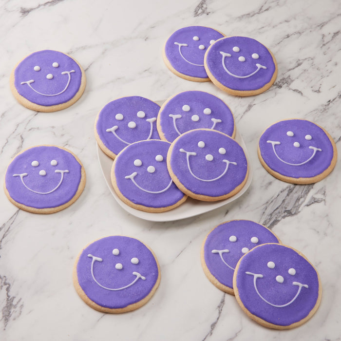 4" Purple Smiley Cookies - SmileyCookie.com individually wrapped, nut - free, and kosher cookies delivered to you!