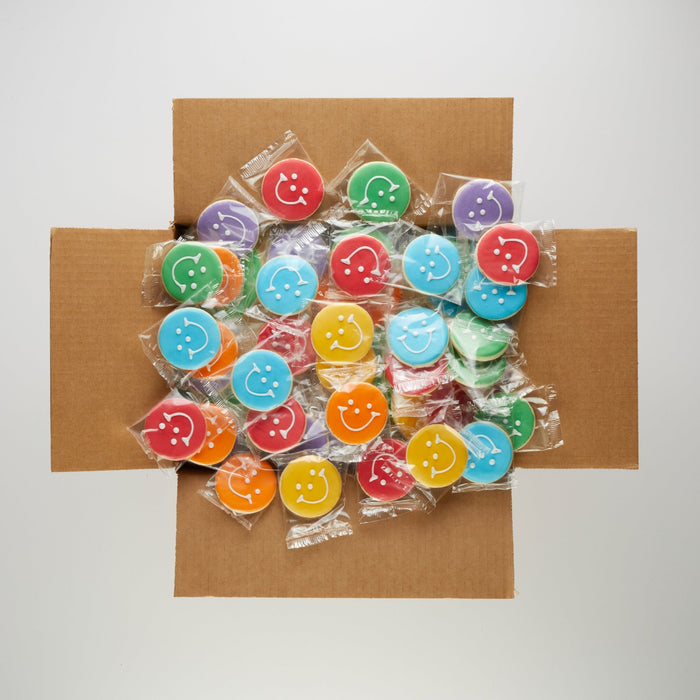 2.5" Mini Rainbow Smiley Cookies - SmileyCookie.com individually wrapped, nut - free, and kosher cookies delivered to you!