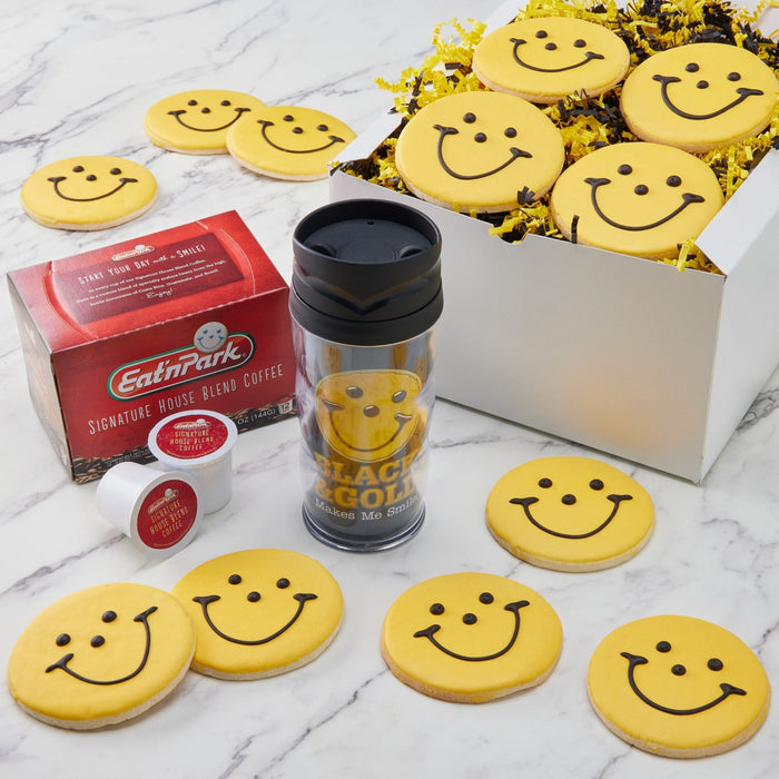 Black and Gold Travel Mug Set - SmileyCookie.com individually wrapped, nut - free, and kosher cookies delivered to you!