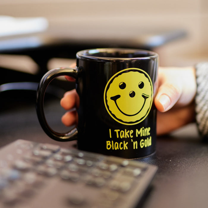 Black & Gold Smiley® Ceramic Coffee Mug - SmileyCookie.com individually wrapped, nut - free, and kosher cookies delivered to you!