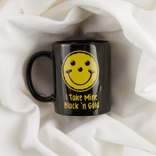 Black & Gold Smiley® Ceramic Coffee Mug   - SmileyCookie.com individually wrapped, nut - free, and kosher cookies delivered to you!