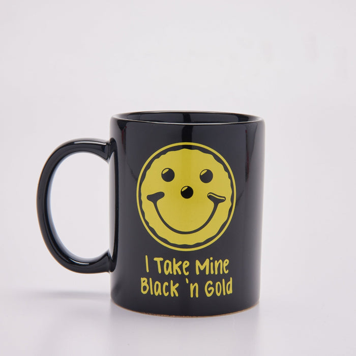 Black & Gold Smiley® Ceramic Coffee Mug   - SmileyCookie.com individually wrapped, nut - free, and kosher cookies delivered to you!