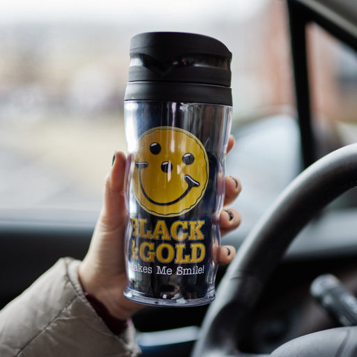 Black & Gold Travel Mug  - SmileyCookie.com individually wrapped, nut - free, and kosher cookies delivered to you!