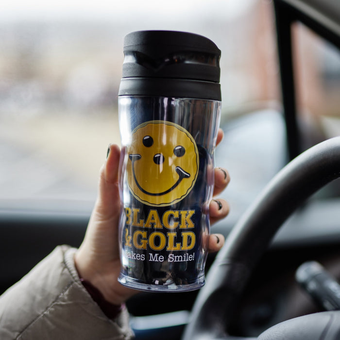 Black & Gold Travel Mug - SmileyCookie.com individually wrapped, nut - free, and kosher cookies delivered to you!