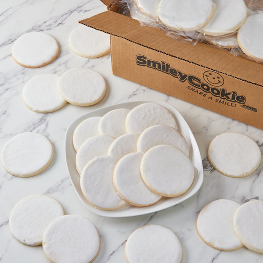 Classic Round White Iced Cookies - SmileyCookie.com individually wrapped, nut - free, and kosher cookies delivered to you!