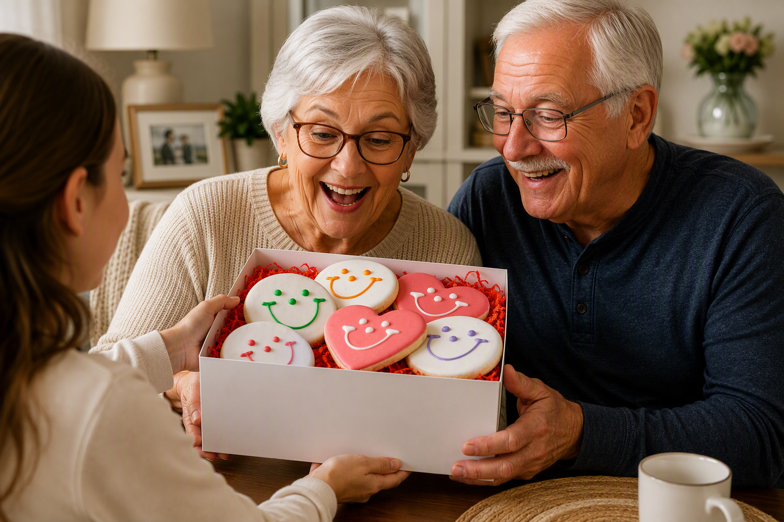 a grandmother and grandfather excitedly receiving a smileycookie.com hearts and smiles cookie gift box for grandparent's day
