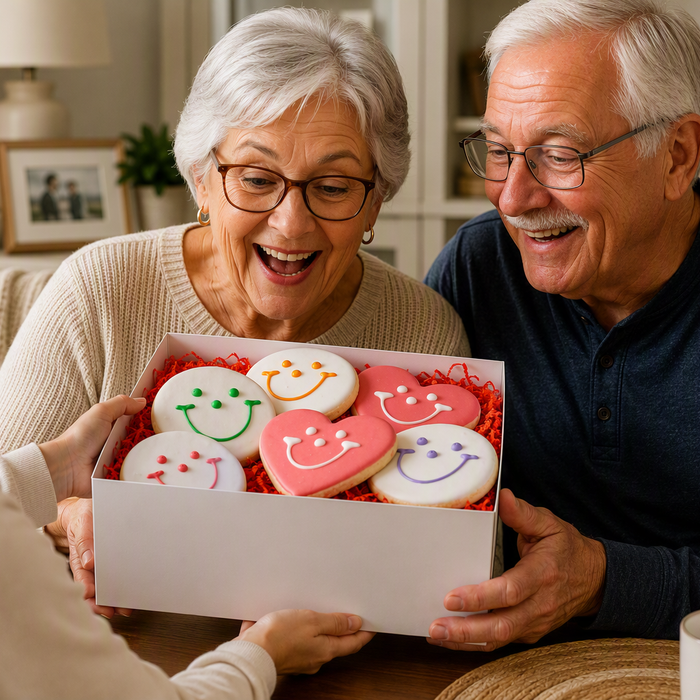 a grandmother and grandfather excitedly receiving a smileycookie.com hearts and smiles cookie gift box for grandparent's day