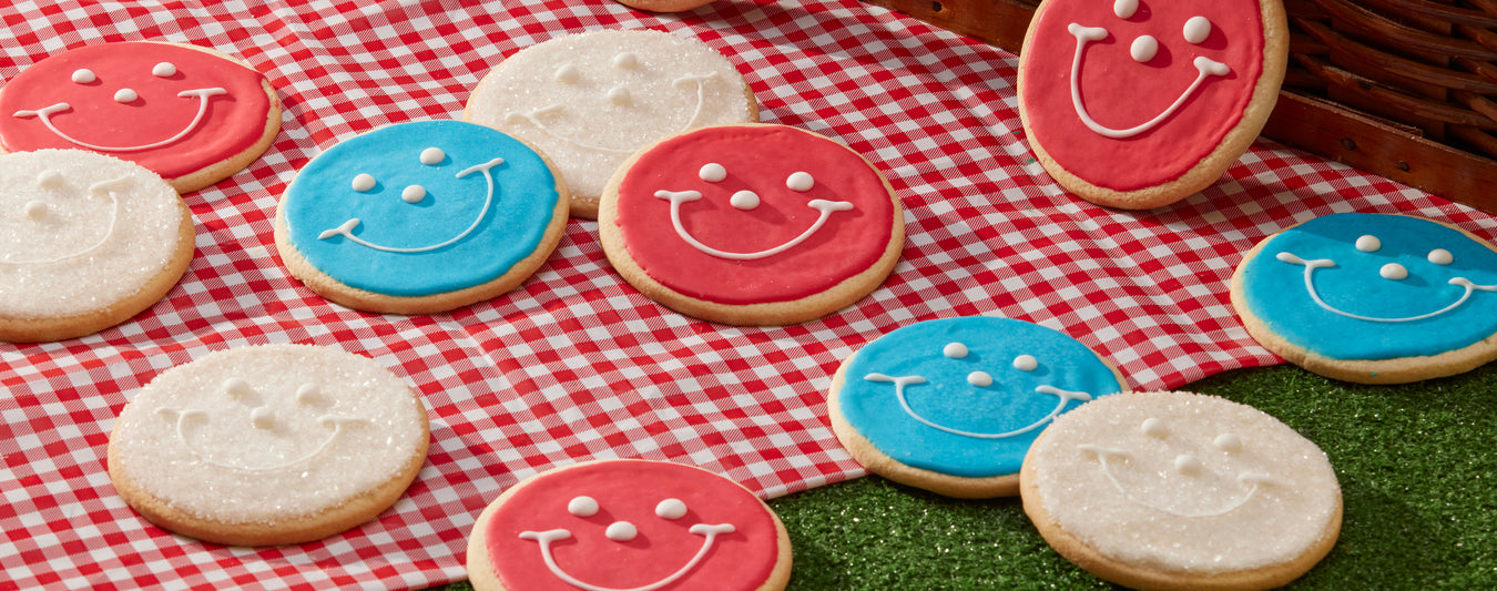 Red White and Blue Smiley Cookies - Summer Picnic Cookies - Fourth of July Party