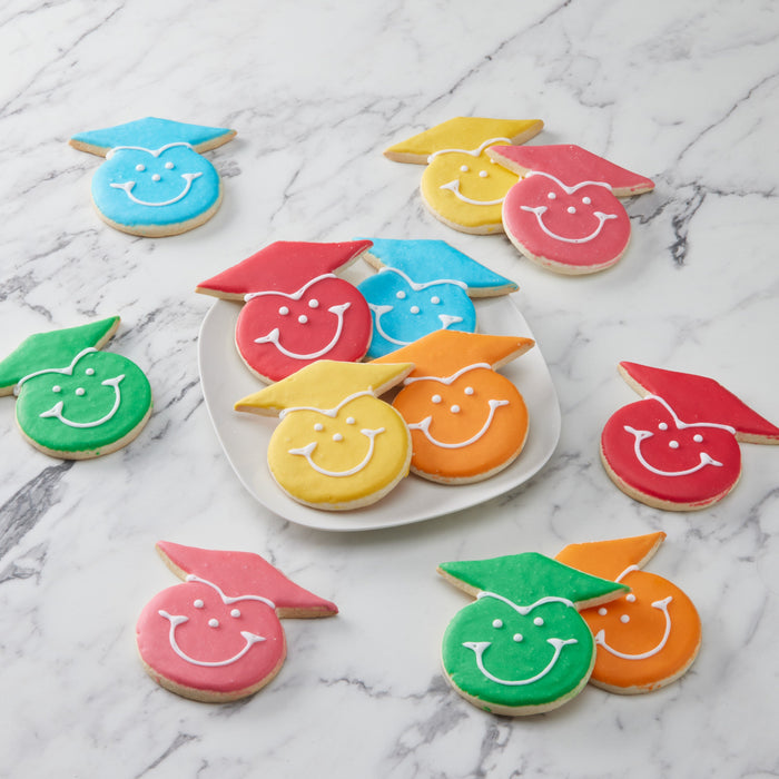 Dozen Graduation Smiley Cookies - Colorful Base, White Face, Smiley Cookie