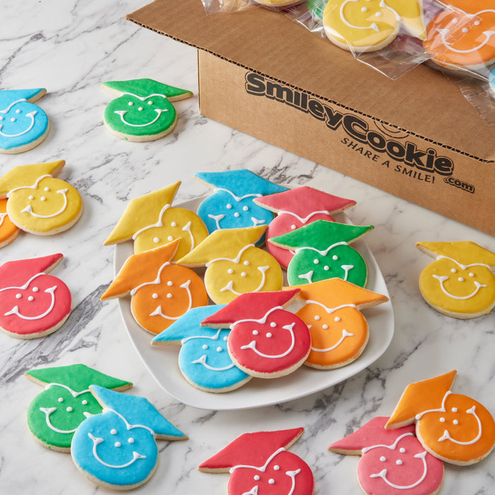 Bulk Pack Graduation Smiley Cookies - Colorful Base, White Face, Smiley Cookie